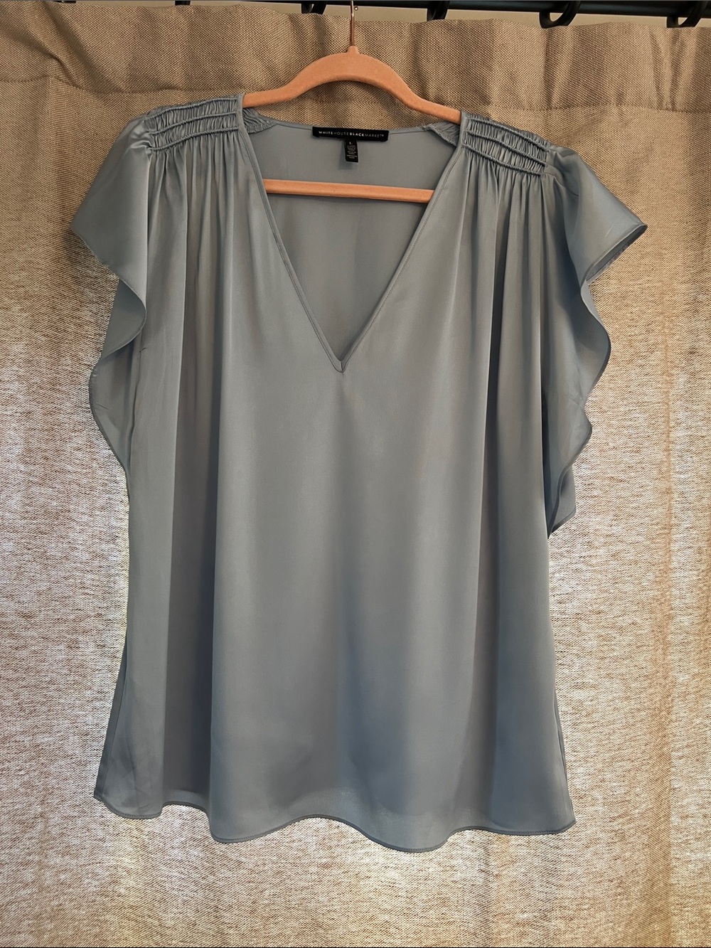 White House Black Market Sky Blue V-Neck Flutter Sleeve Blouse